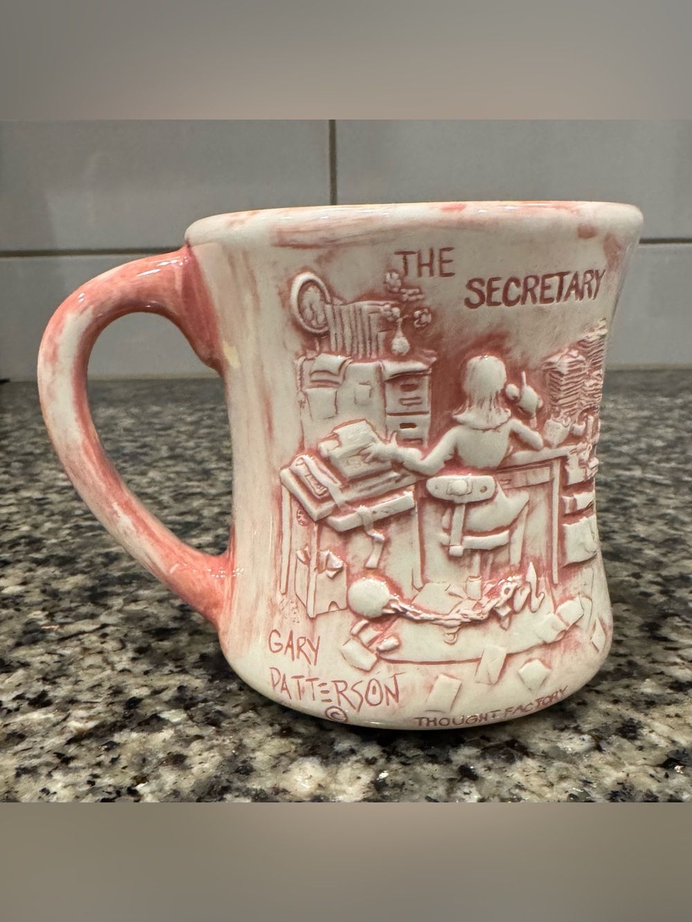 Vintage Gary Patterson Thought Factory 3D Coffee Mug “The Secretary” Pink Etched